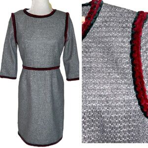 Vilagallo Gray & Metallic Silver Tweed Red Green Chenille Trim Sheath Dress - 4